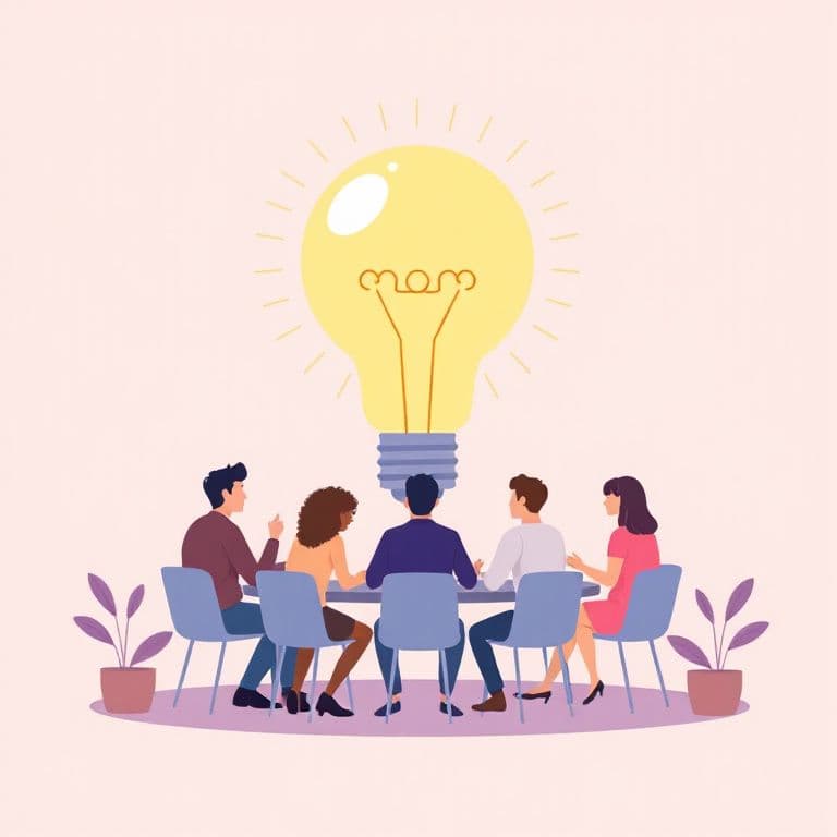 Flat vector illustration of a small team brainstorming around a giant glowing lightbulb, soft pastel colors, clean shapes, blog header