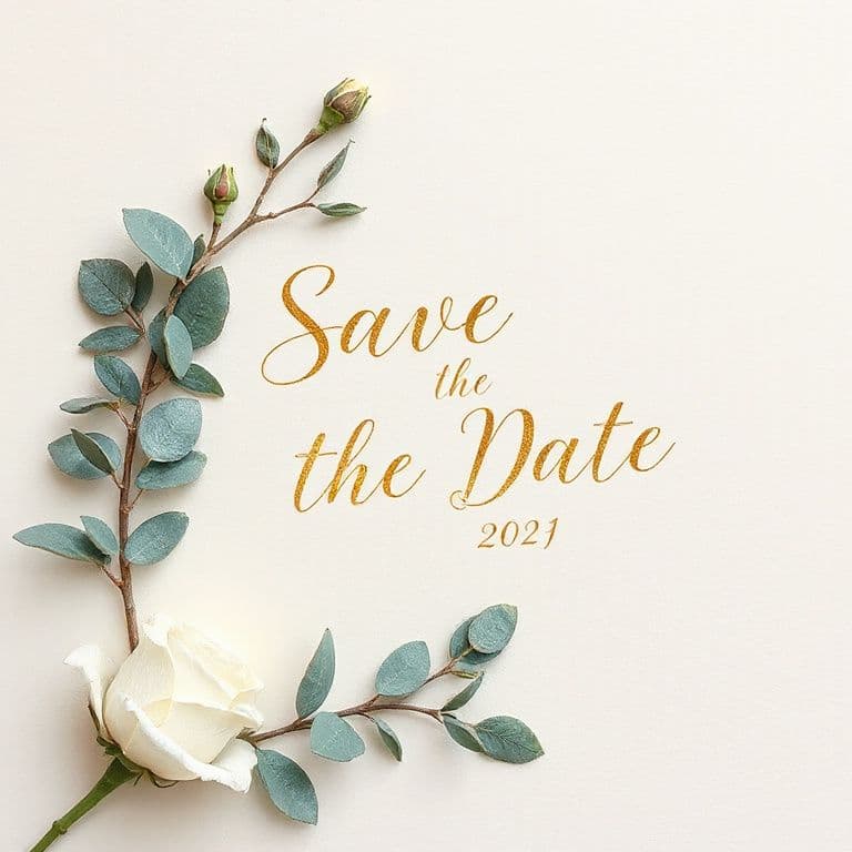 Elegant wedding invitation card with the text "Save the Date" in gold calligraphy, eucalyptus leaves and white roses, cream paper texture, top-down photo