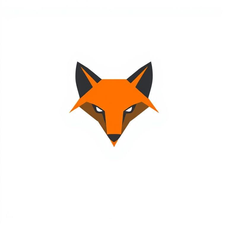 Minimal flat vector logo of a fox head made of simple geometric shapes, orange and charcoal, centered on a white background