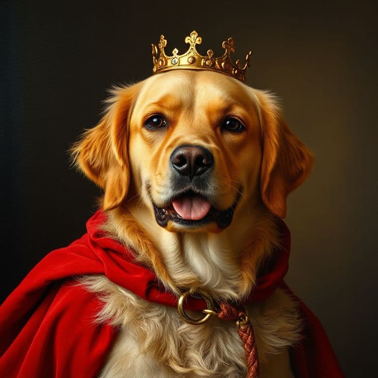 Renaissance oil painting portrait of a golden retriever wearing a red velvet cape and a small golden crown, dark background, museum lighting