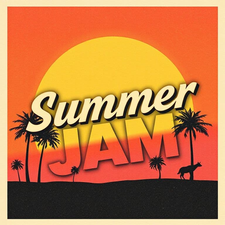 Retro concert poster with the text "Summer Jam" in big 70s lettering, sunset gradient, palm tree silhouettes, grainy print texture