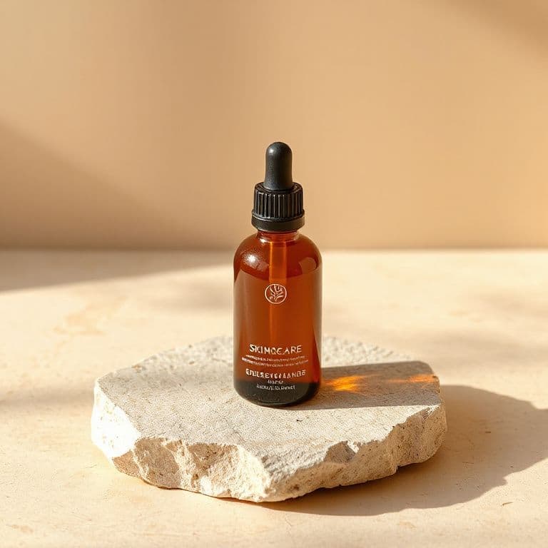 Product photo of an amber glass skincare dropper bottle on a travertine stone, soft shadows, warm beige background, studio lighting