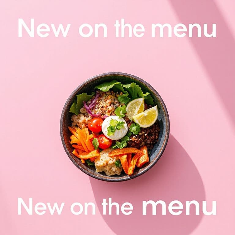 Instagram post, flat lay of a colorful poke bowl on a pink table with the text "New on the menu" in a modern bold font, bright natural light