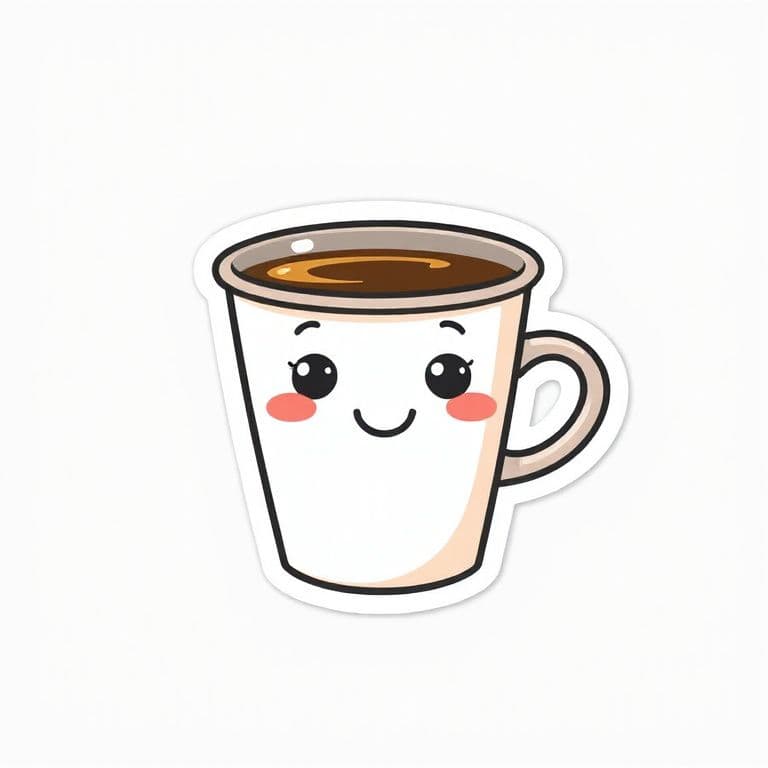 Cute kawaii sticker of a smiling coffee cup with a thick white die-cut border, vibrant colors, plain light grey background