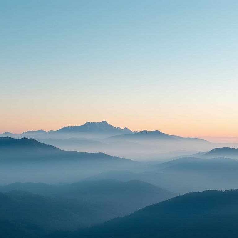 Minimal wallpaper of a misty mountain range at sunrise, layered blue and soft peach tones, calm and clean